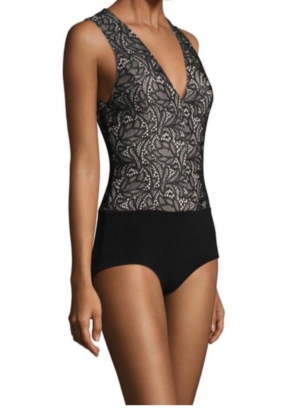Alice + Olivia Black & Cream Floral Lace Deep V-Neck Bodysuit Size Medium
